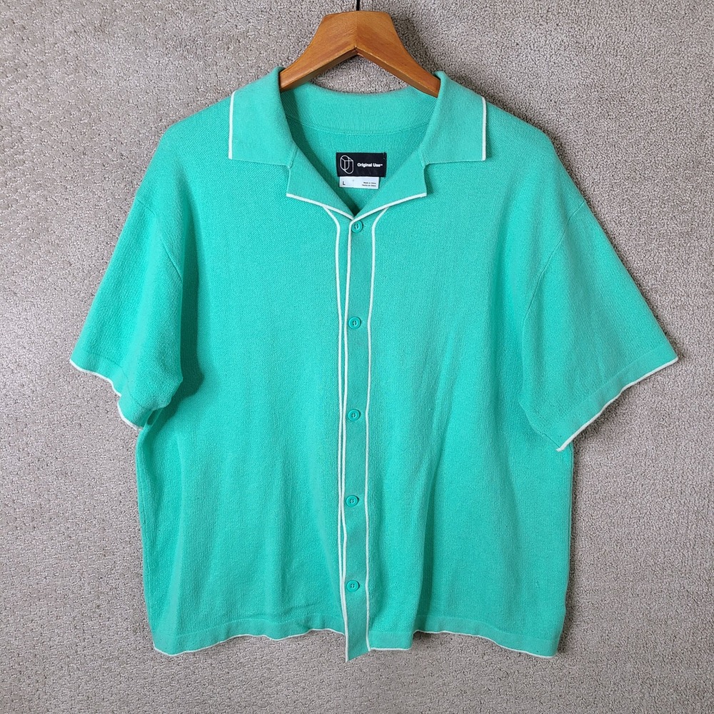 Original Use Shirt Mens Large Teal Green Short Sleeve Knit Button Down Polo